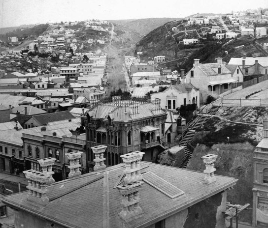 A contextual view. Note the Dowling Street steps where the land was excavated in the 1880s allowing the extension of the street. Photo: 1865. Alexander Turnbull Library. Ref: PAColl-3824-04.