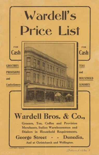 A Wardell’s price list from 1930. Ref: Hocken Collections MS-4076/001.